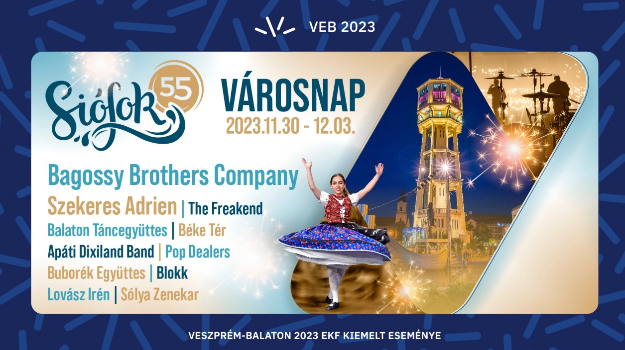 2023-ban az egyedülálló és nagyszabású 4 napos Városnapi program keretében tervezzük Siófok55 éves jubileumát, ahol emléket állítunk a múltnak és a helyi lakosokat bevonva ünnepeljük a jelent, színes kulturális és szabadidős programokkal, megkoronázva az estéket helyi zenekarok és a Bagossy Brothers koncertjével.